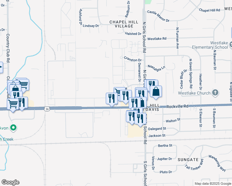 map of restaurants, bars, coffee shops, grocery stores, and more near 7550 Rockville Road in Indianapolis