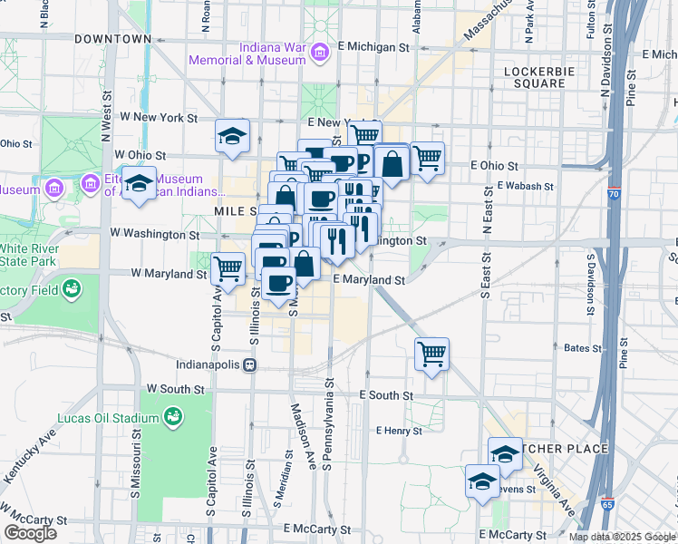 map of restaurants, bars, coffee shops, grocery stores, and more near 76 Virginia Avenue in Indianapolis