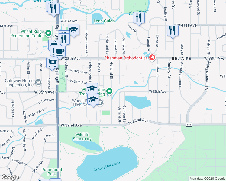 map of restaurants, bars, coffee shops, grocery stores, and more near 3540 Holland Street in Wheat Ridge