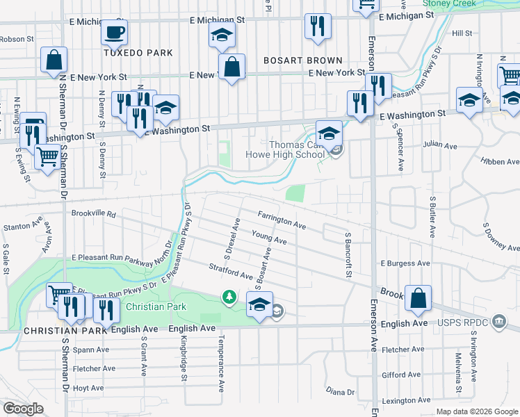 map of restaurants, bars, coffee shops, grocery stores, and more near 4800 East Washington Street in Indianapolis