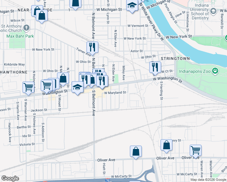 map of restaurants, bars, coffee shops, grocery stores, and more near in Indianapolis