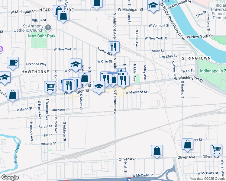 map of restaurants, bars, coffee shops, grocery stores, and more near in Indianapolis