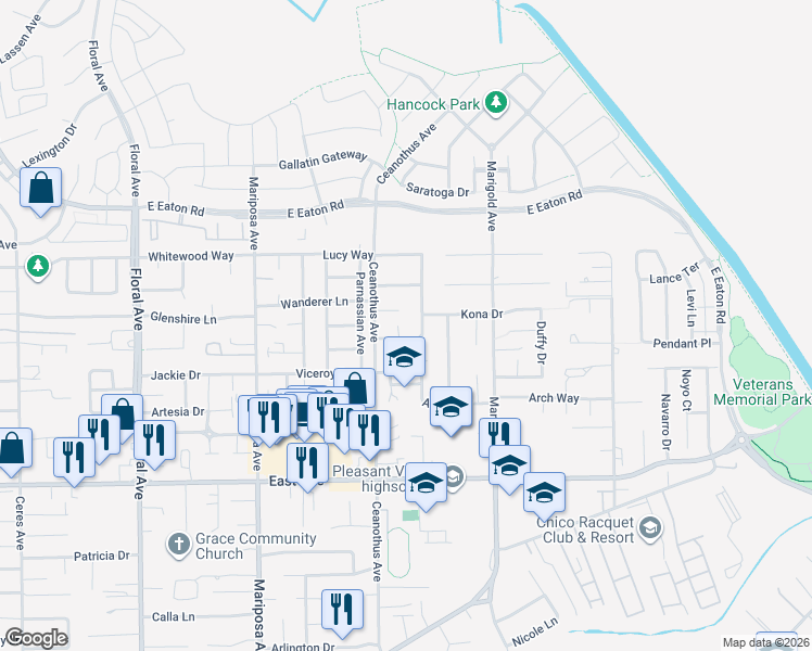 map of restaurants, bars, coffee shops, grocery stores, and more near 9 Torino Court in Chico