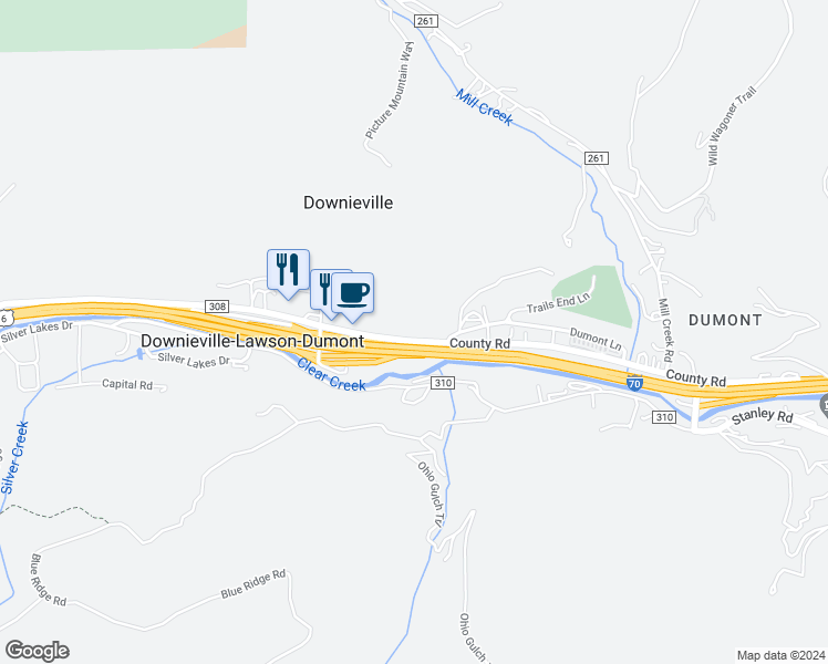 map of restaurants, bars, coffee shops, grocery stores, and more near 757 County Road 308 in Downieville-Lawson-Dumont