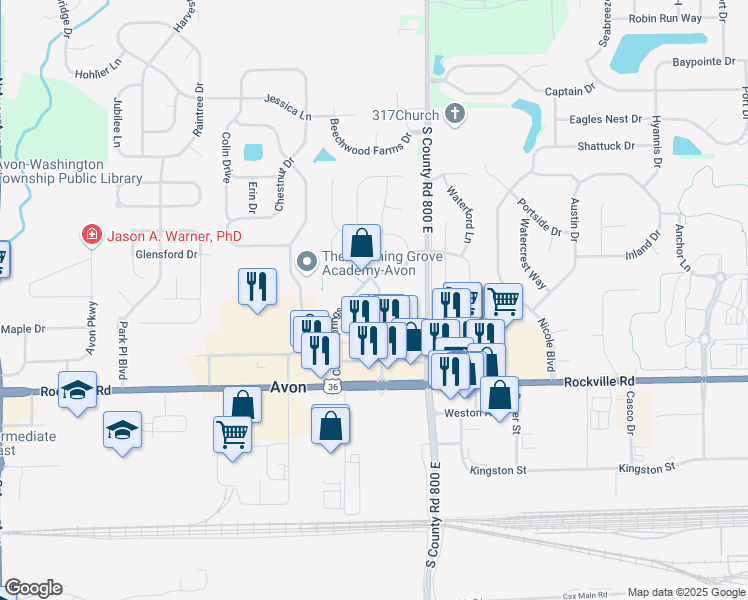 map of restaurants, bars, coffee shops, grocery stores, and more near 190 Springwood Drive in Avon