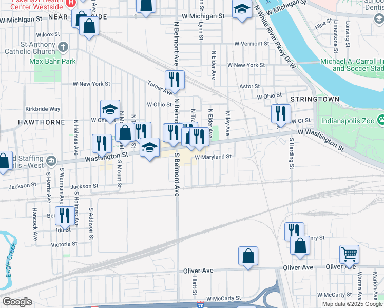 map of restaurants, bars, coffee shops, grocery stores, and more near 2001 West Washington Street in Indianapolis