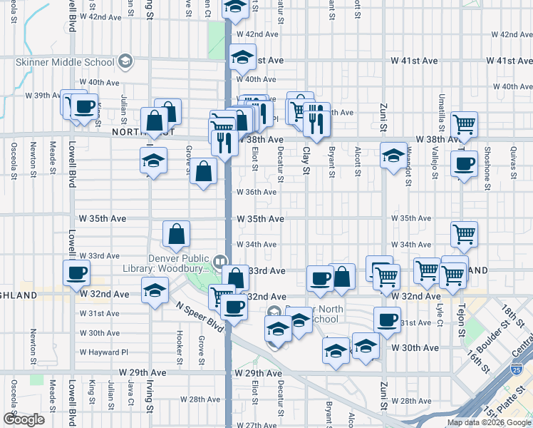 map of restaurants, bars, coffee shops, grocery stores, and more near 3547 Decatur Street in Denver