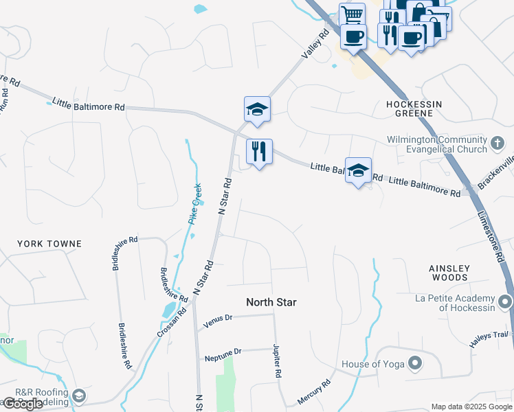 map of restaurants, bars, coffee shops, grocery stores, and more near 603 Normans Lane in Newark