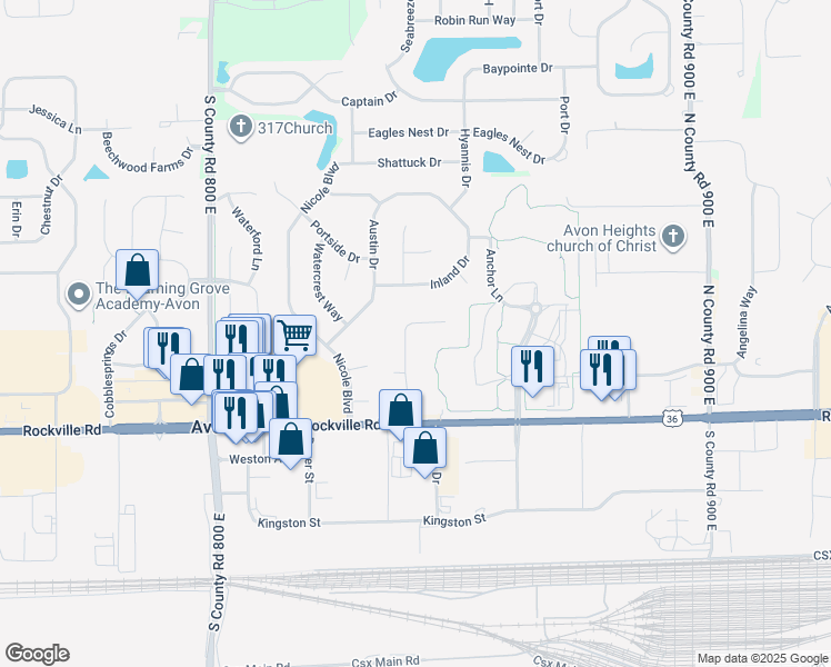 map of restaurants, bars, coffee shops, grocery stores, and more near 195 Corottoman Court in Avon