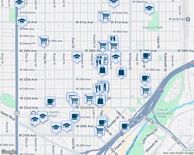 map of restaurants, bars, coffee shops, grocery stores, and more near 2032 West 36th Avenue in Denver