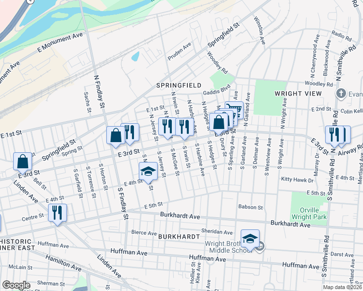 map of restaurants, bars, coffee shops, grocery stores, and more near in Dayton
