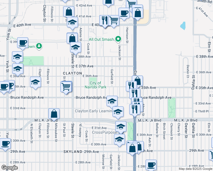 map of restaurants, bars, coffee shops, grocery stores, and more near 3545 Garfield Street in Denver
