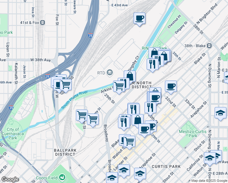 map of restaurants, bars, coffee shops, grocery stores, and more near 2950 Arkins Court in Denver