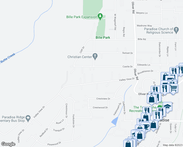 map of restaurants, bars, coffee shops, grocery stores, and more near 5735 Reed Lane in Paradise
