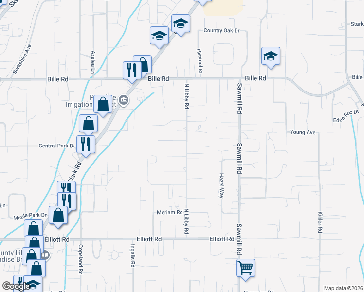 map of restaurants, bars, coffee shops, grocery stores, and more near 6057 North Libby Road in Paradise