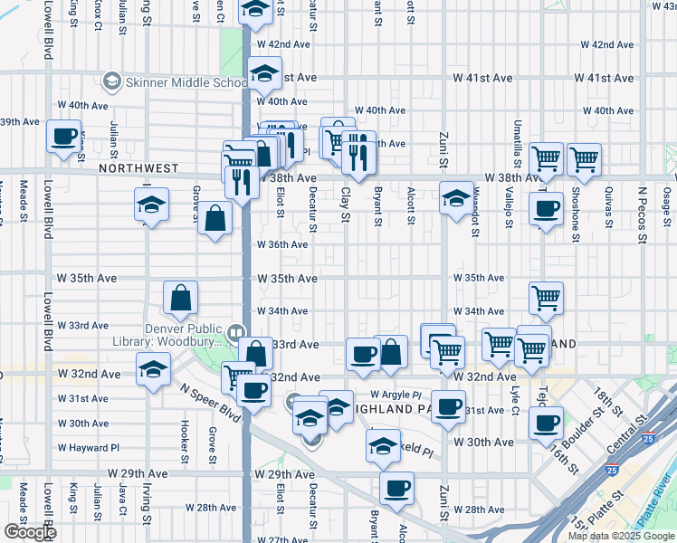 map of restaurants, bars, coffee shops, grocery stores, and more near 3545 Clay Street in Denver