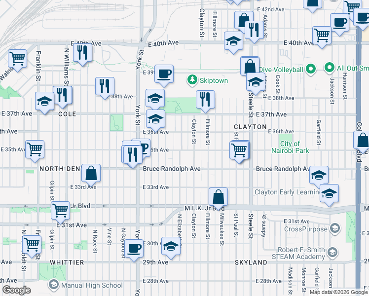 map of restaurants, bars, coffee shops, grocery stores, and more near 3547 Clayton Street in Denver