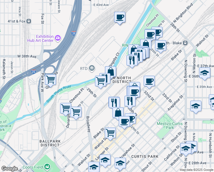 map of restaurants, bars, coffee shops, grocery stores, and more near 3063 Brighton Boulevard in Denver