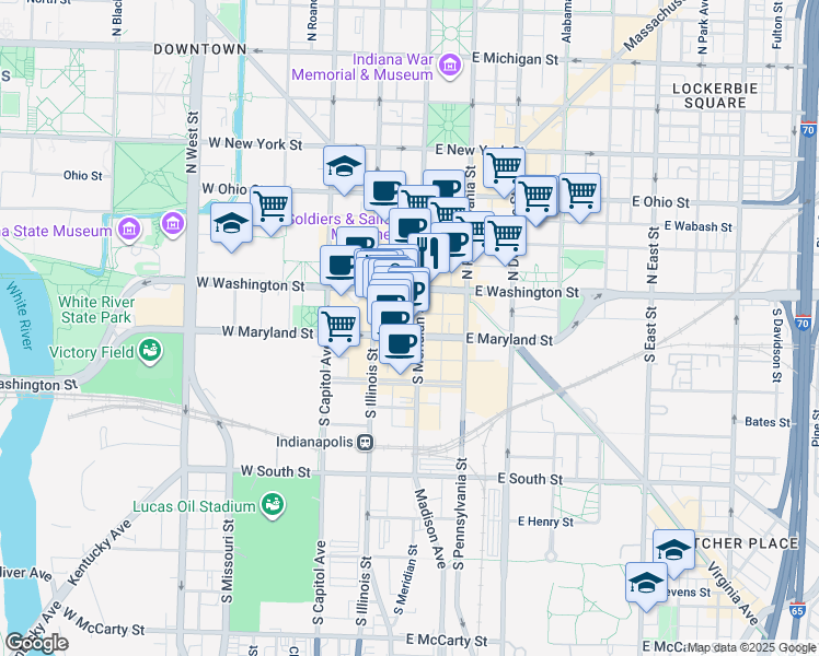 map of restaurants, bars, coffee shops, grocery stores, and more near 49 West Maryland Street in Indianapolis