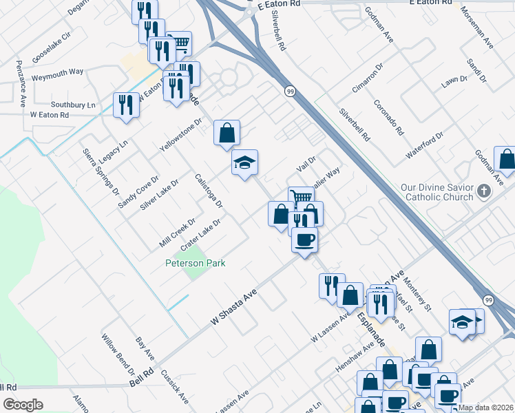 map of restaurants, bars, coffee shops, grocery stores, and more near 150 Amber Grove Drive in Chico