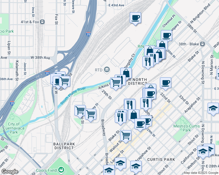 map of restaurants, bars, coffee shops, grocery stores, and more near 2950 Arkins Court in Denver