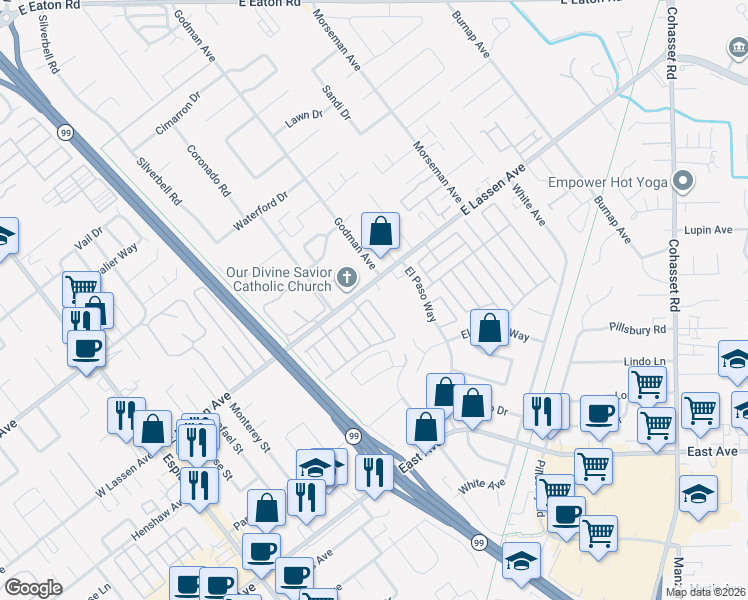map of restaurants, bars, coffee shops, grocery stores, and more near 567 East Lassen Avenue in Chico