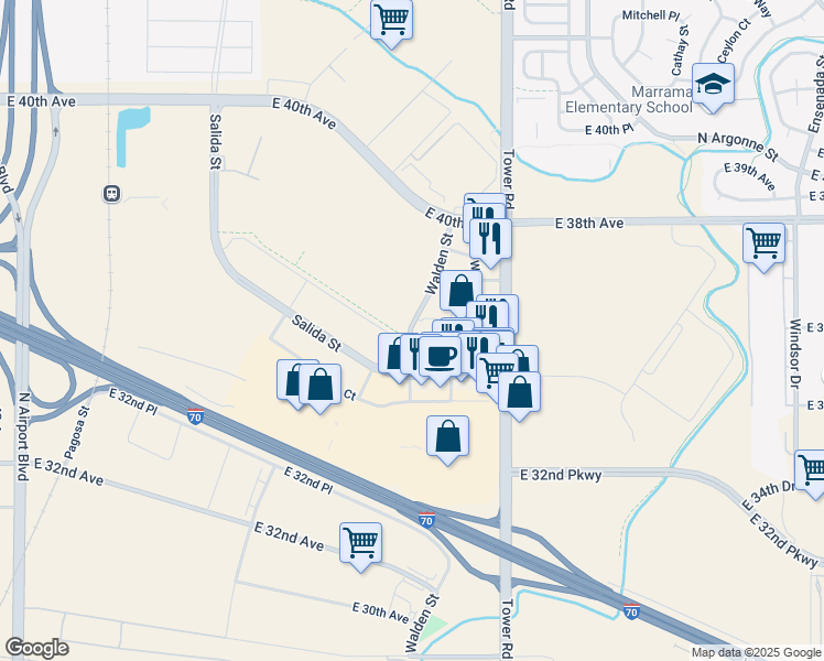 map of restaurants, bars, coffee shops, grocery stores, and more near Walden Street in Aurora