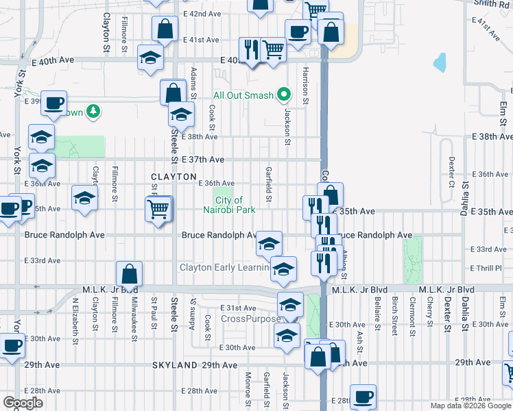 map of restaurants, bars, coffee shops, grocery stores, and more near 3545 Garfield Street in Denver