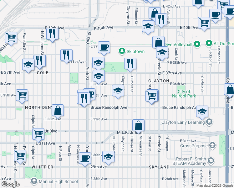 map of restaurants, bars, coffee shops, grocery stores, and more near 3547 Clayton Street in Denver