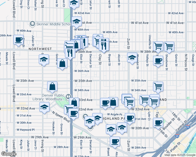 map of restaurants, bars, coffee shops, grocery stores, and more near 3545 Clay Street in Denver