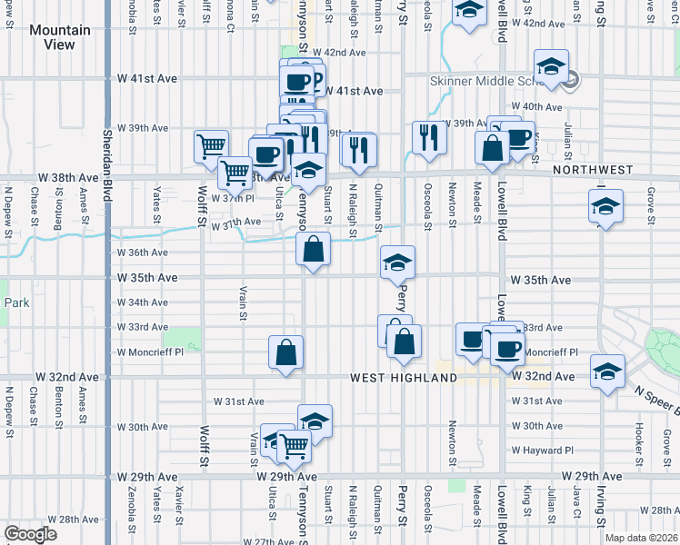 map of restaurants, bars, coffee shops, grocery stores, and more near 3541 Raleigh Street in Denver