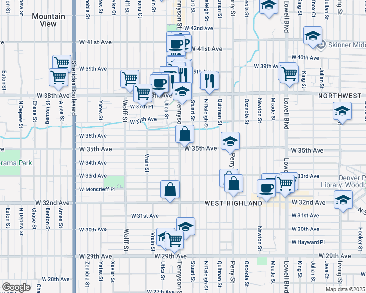 map of restaurants, bars, coffee shops, grocery stores, and more near 3536 Tennyson Street in Denver