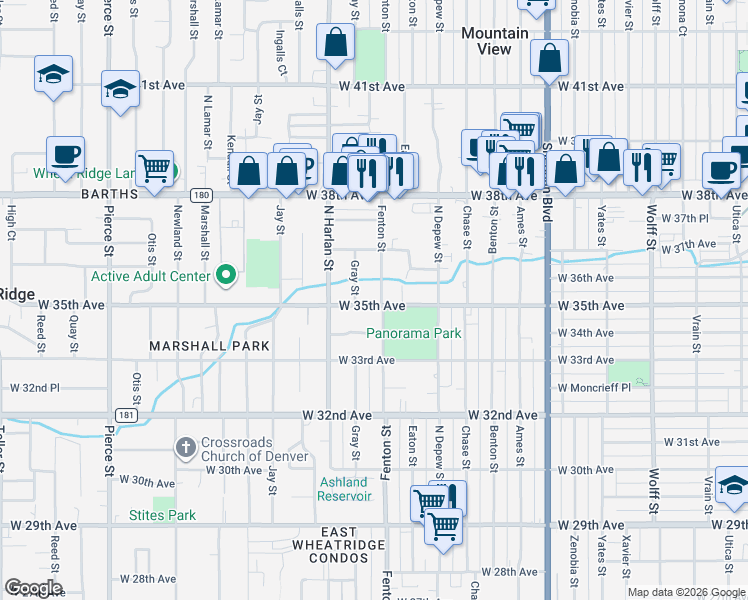map of restaurants, bars, coffee shops, grocery stores, and more near 3590 Fenton Street in Wheat Ridge