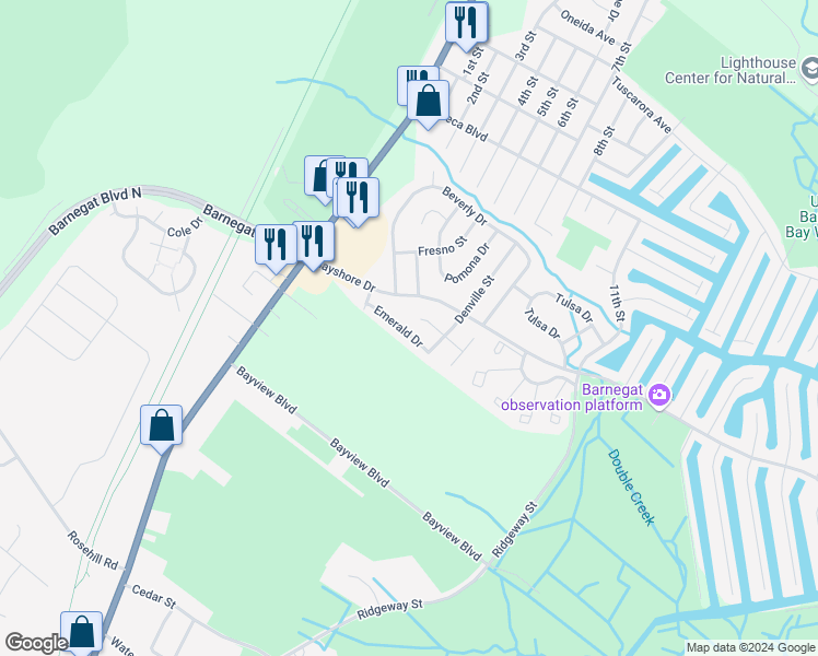 map of restaurants, bars, coffee shops, grocery stores, and more near 144 Bayshore Drive in Barnegat Township
