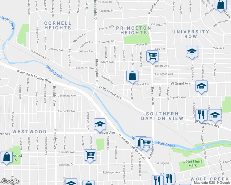 map of restaurants, bars, coffee shops, grocery stores, and more near 2010 West Grand Avenue in Dayton