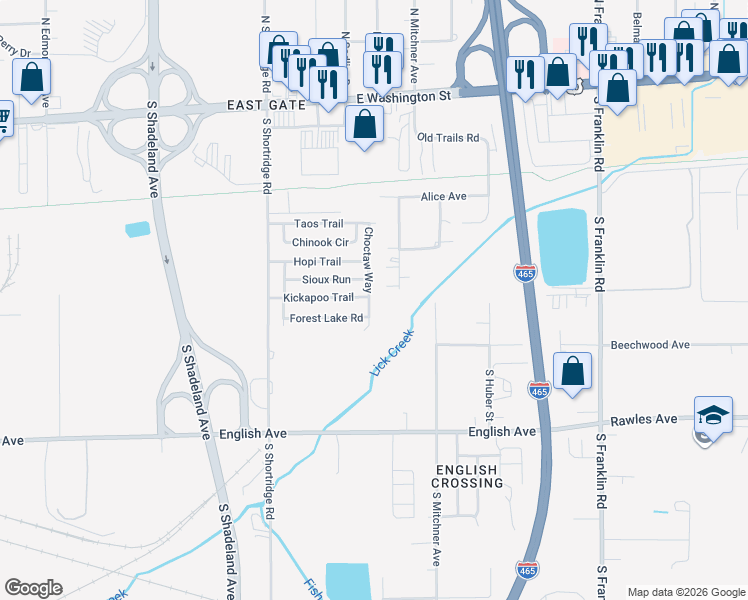 map of restaurants, bars, coffee shops, grocery stores, and more near 457 Choctaw Way in Indianapolis