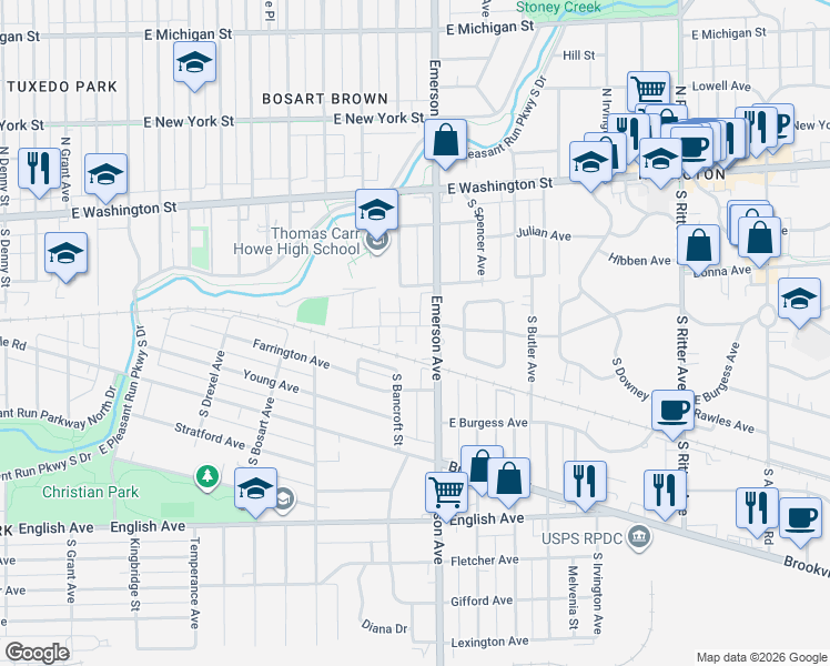 map of restaurants, bars, coffee shops, grocery stores, and more near 226 South Emerson Avenue in Indianapolis