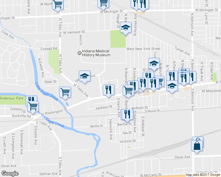 map of restaurants, bars, coffee shops, grocery stores, and more near 2945 Campanile Drive in Indianapolis