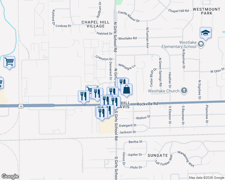 map of restaurants, bars, coffee shops, grocery stores, and more near 7325 Rockleigh Avenue in Indianapolis