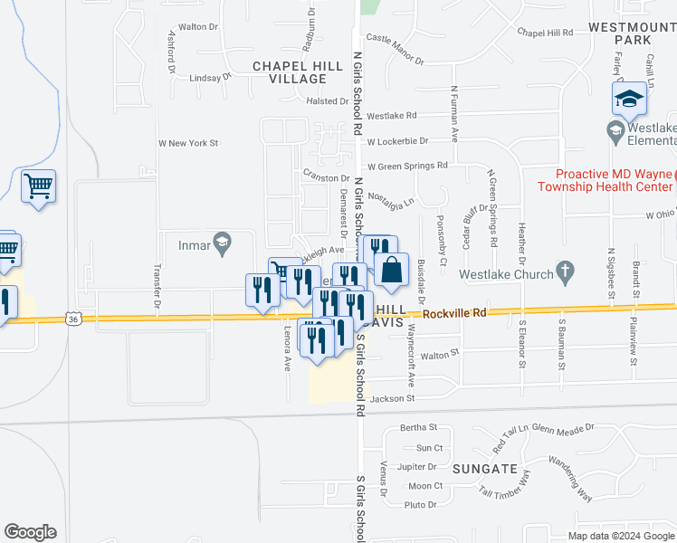 map of restaurants, bars, coffee shops, grocery stores, and more near 7335 Rockleigh Avenue in Indianapolis