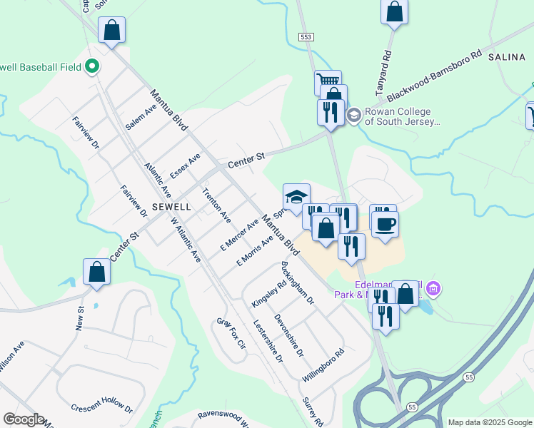 map of restaurants, bars, coffee shops, grocery stores, and more near 866 Mantua Boulevard in Mantua Township