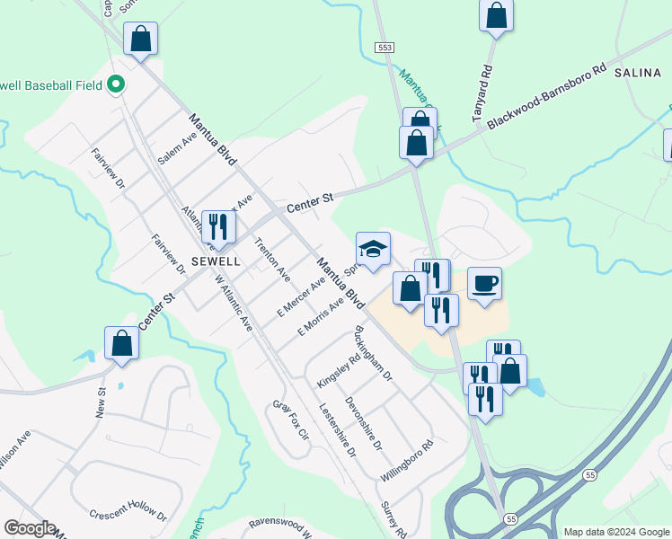 map of restaurants, bars, coffee shops, grocery stores, and more near 866 Mantua Boulevard in Mantua Township