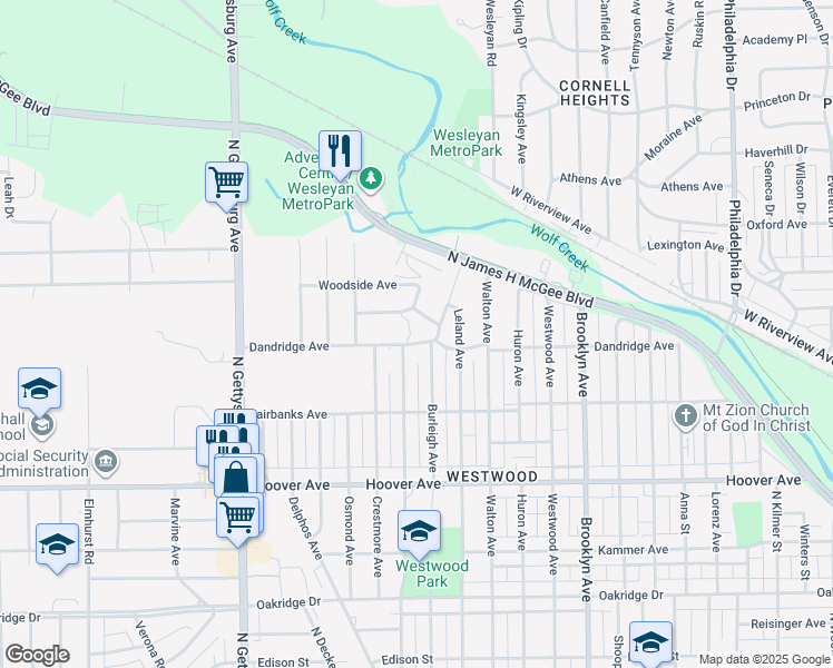 map of restaurants, bars, coffee shops, grocery stores, and more near 3525 Dandridge Avenue in Dayton