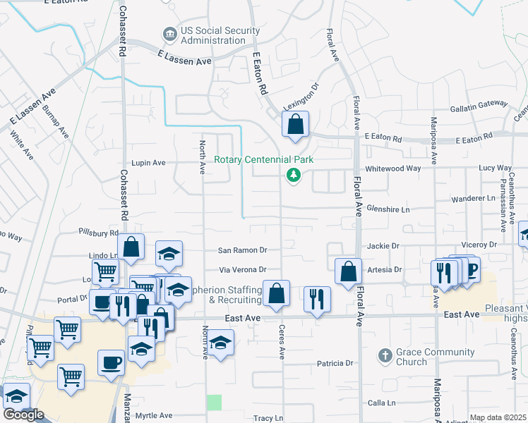 map of restaurants, bars, coffee shops, grocery stores, and more near 6 Glenshire Lane in Chico