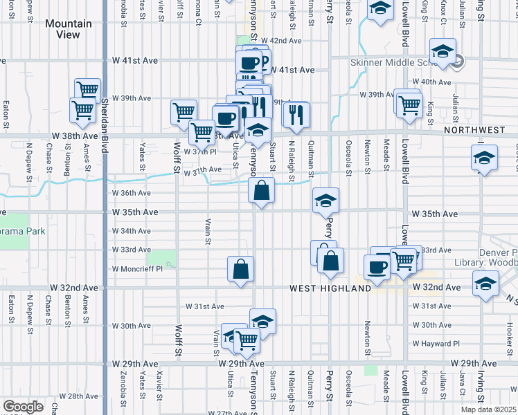 map of restaurants, bars, coffee shops, grocery stores, and more near 3500 Tennyson Street in Denver