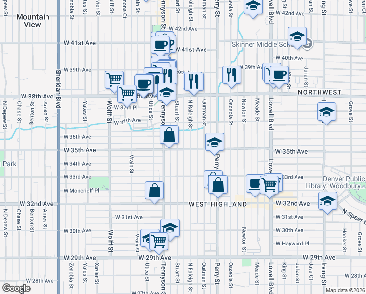 map of restaurants, bars, coffee shops, grocery stores, and more near 4223 West 35th Avenue in Denver