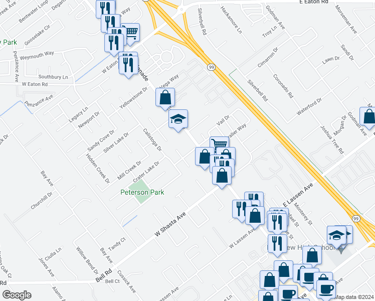 map of restaurants, bars, coffee shops, grocery stores, and more near 150 Amber Grove Drive in Chico