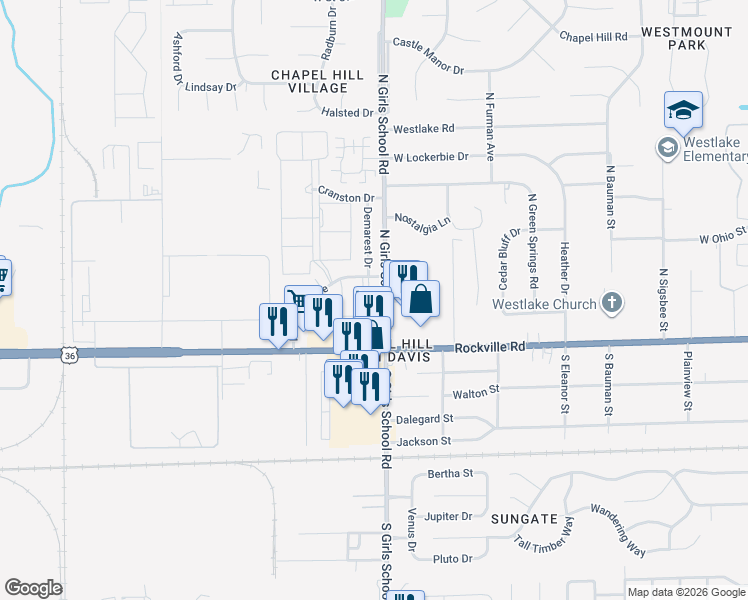 map of restaurants, bars, coffee shops, grocery stores, and more near 7325 Rockleigh Avenue in Indianapolis