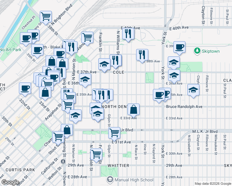 map of restaurants, bars, coffee shops, grocery stores, and more near 3542 Gilpin Street in Denver