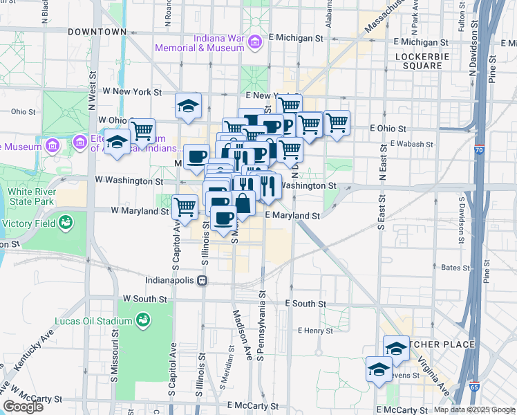 map of restaurants, bars, coffee shops, grocery stores, and more near 43e East Washington Street in Indianapolis